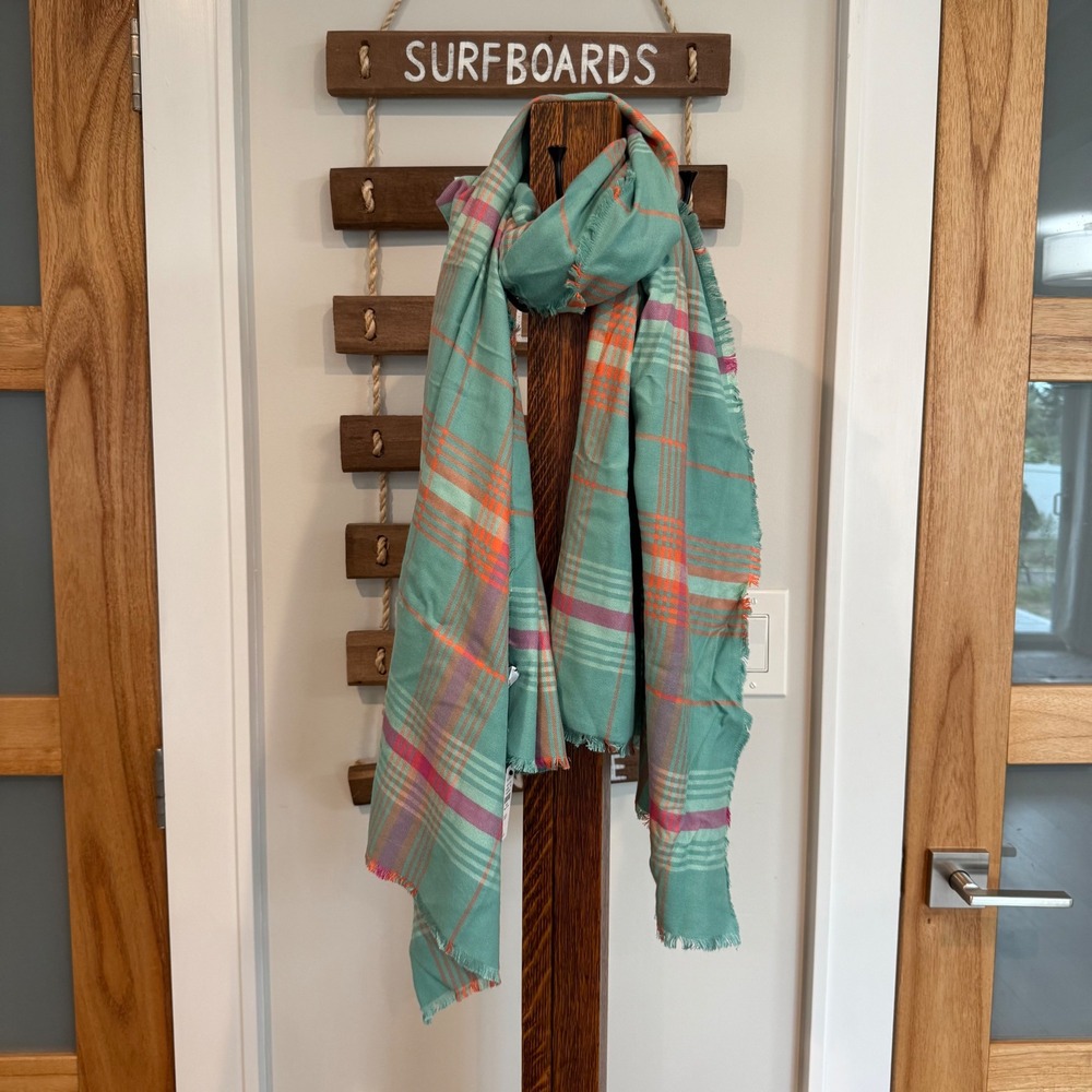 Talbots Mint Green Orange Plaid Scarf Rayon Cotton Frayed Fringe Wrap NWT